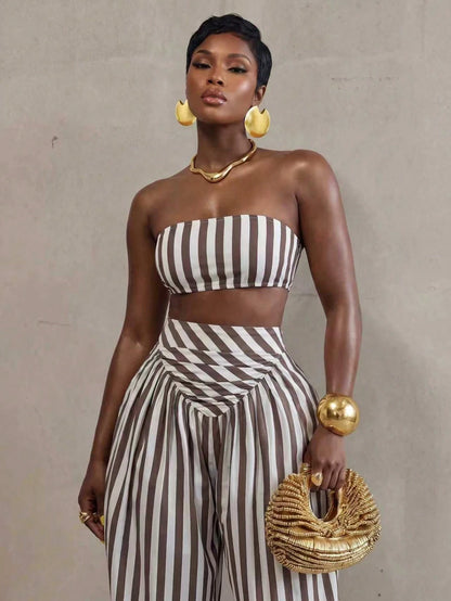 BamGlimmer Women's Brown Striped Pattern Cropped Tube Top And Loose Jogger Pants 2pcs Set Vacation Summer Tropical Vacation Tropical
