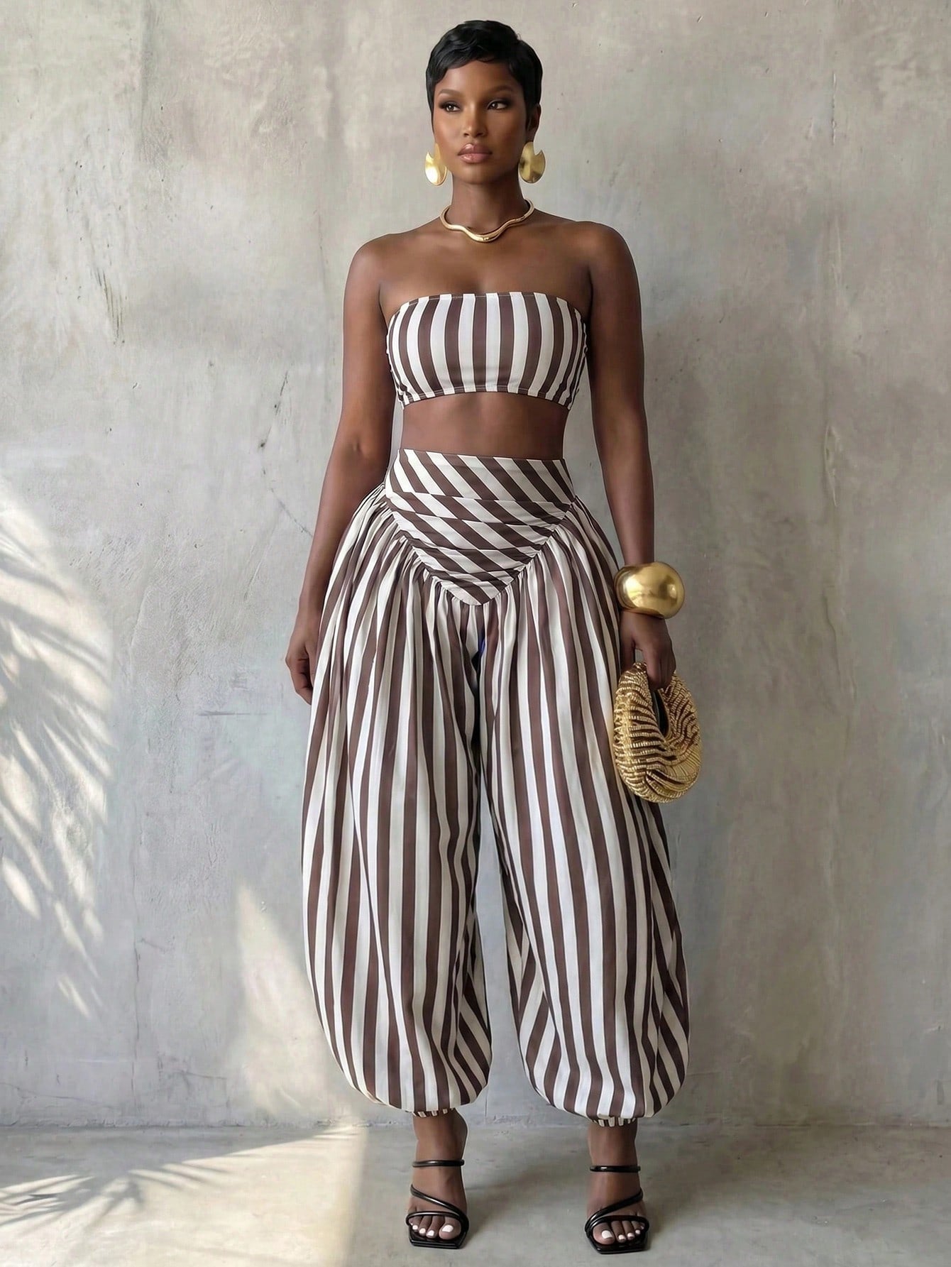 BamGlimmer Women's Brown Striped Pattern Cropped Tube Top And Loose Jogger Pants 2pcs Set Vacation Summer Tropical Vacation Tropical