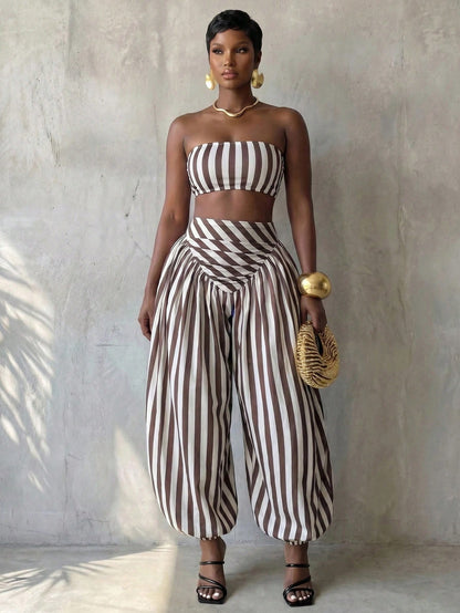 BamGlimmer Women's Brown Striped Pattern Cropped Tube Top And Loose Jogger Pants 2pcs Set Vacation Summer Tropical Vacation Tropical