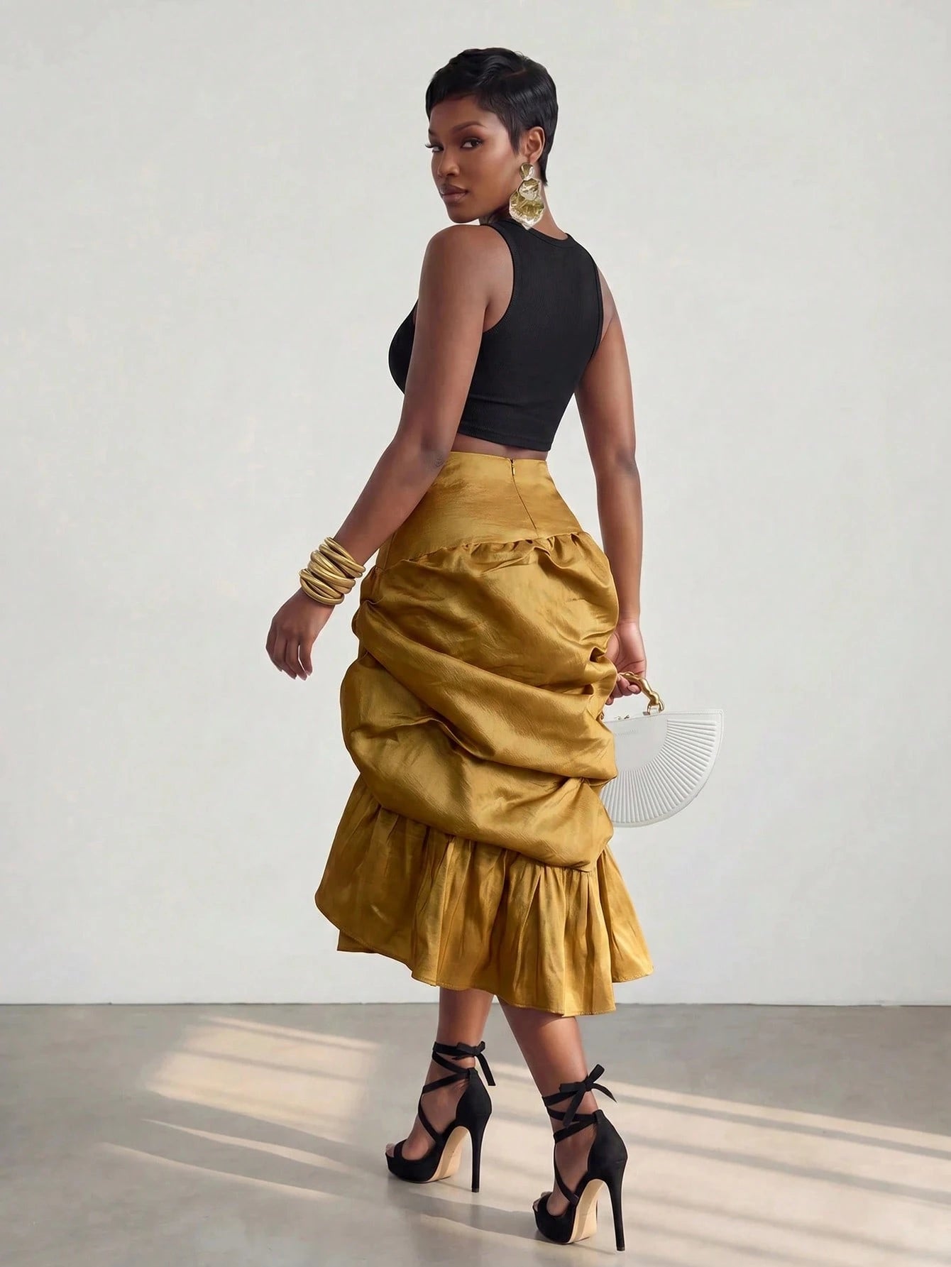BamGlimmer Women's Daily Commute Casual Elegant Vacation Multi-Layer 3D Ruched Ruffle Skirt Party Mustard Autumn