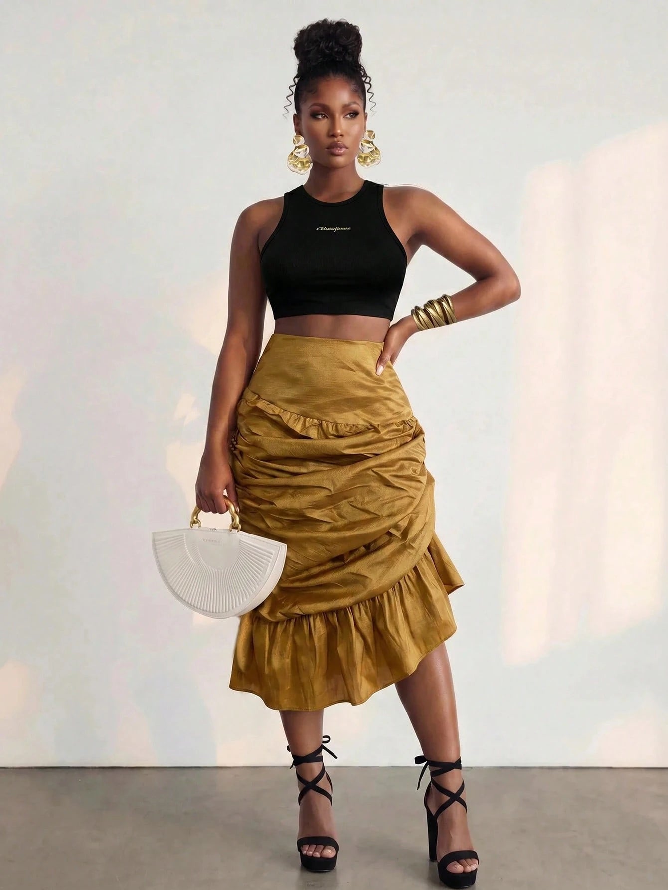 BamGlimmer Women's Daily Commute Casual Elegant Vacation Multi-Layer 3D Ruched Ruffle Skirt Party Mustard Autumn