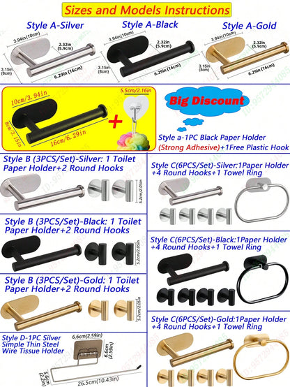 Baofeng 1pc No Drill Toilet Paper Holder, Self-Adhesive Tissue Roll Dispenser, Stainless Steel Paper Towel Rack, Absorbent Tissue Holder, Bathroom Paper Organizer, Available In Black, Silver, Gold, Ba
