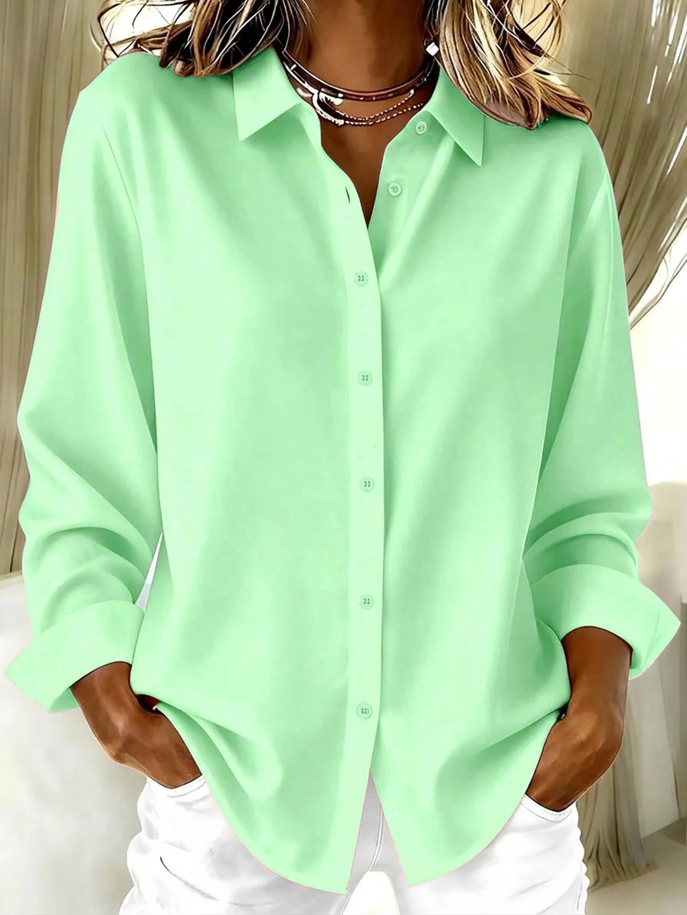 Basic Casual Plus Size Women's Long Sleeve Lightweight Button-Up Shirt