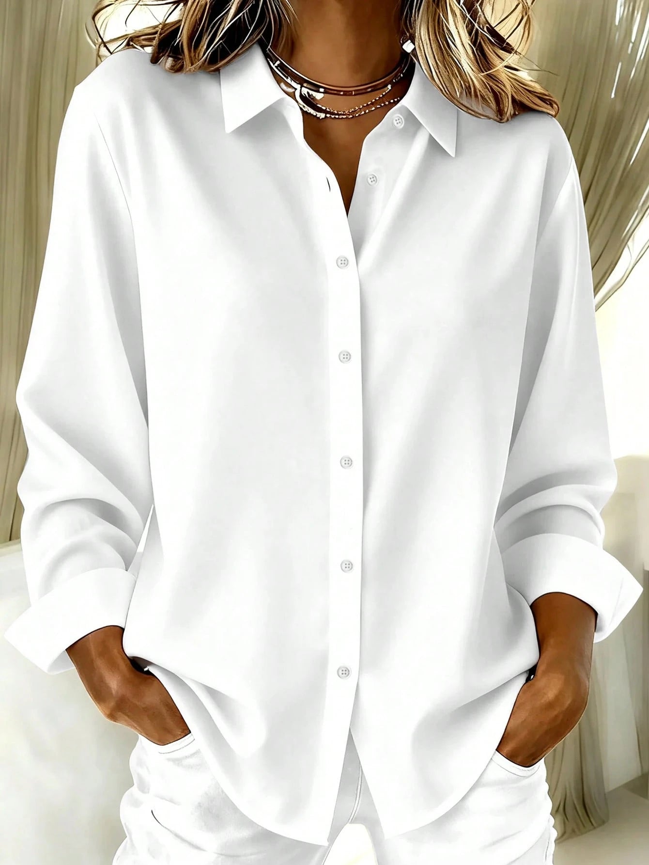 Basic Casual Plus Size Women's Long Sleeve Lightweight Button-Up Shirt