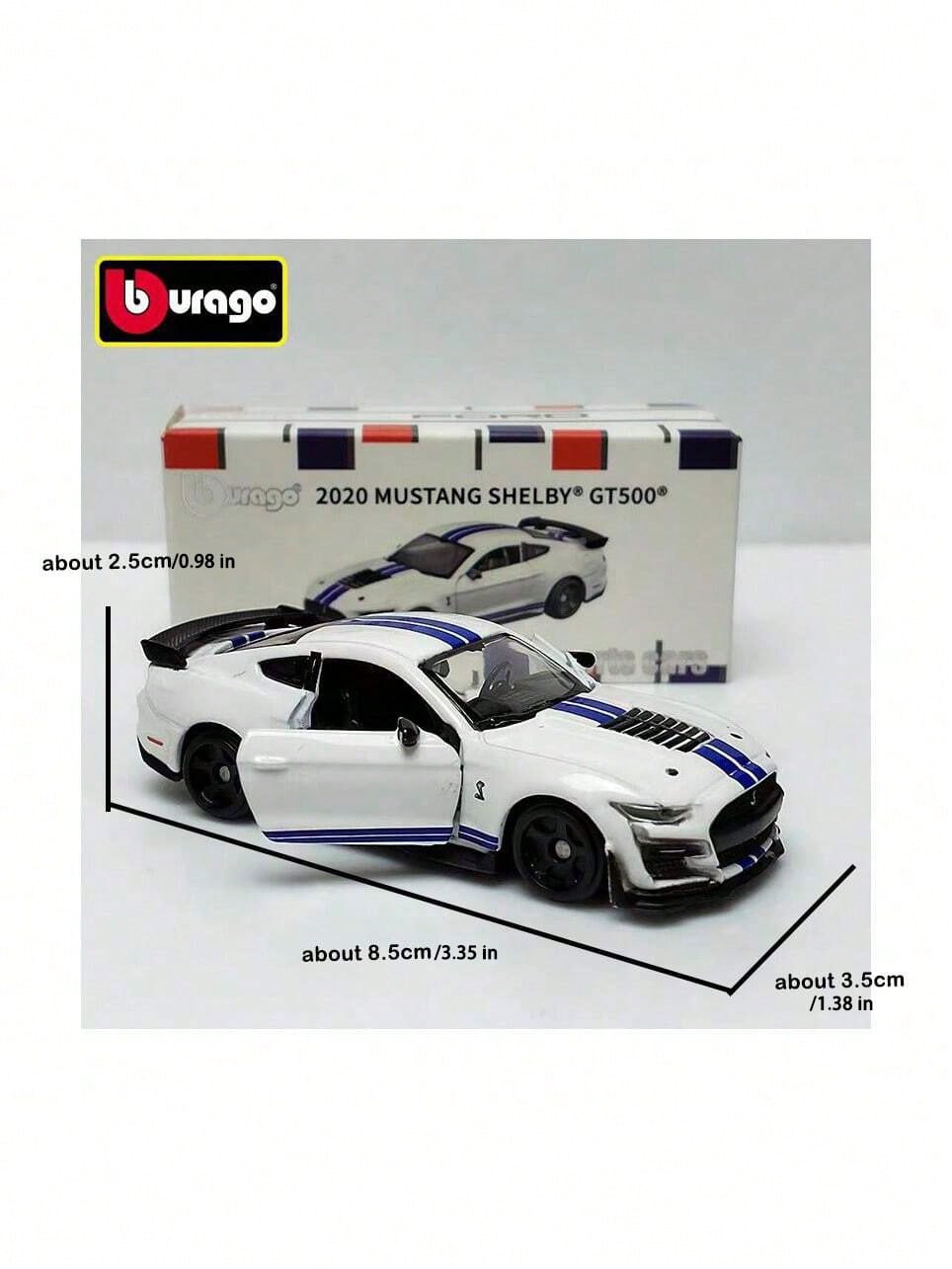 Bburago 1:64 Scale Mustang Shelby GT500 Diecast Model- Actual Size: 3.5 Inches/8.5 Cm (As Shown With Ruler)! Diecast Body, Openable Doors, Rubber Tires- Adult Collectible Gift