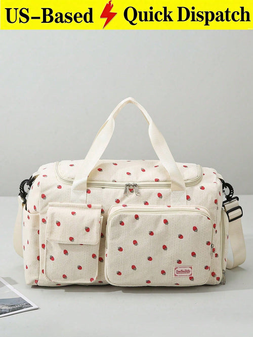 Beige Strawberry Print Corduroy Travel Tote Bag, Gym Duffel Bag With Shoe Pocket, Travel Essentials For Women Cruise Vacation Luggage Travel Bags