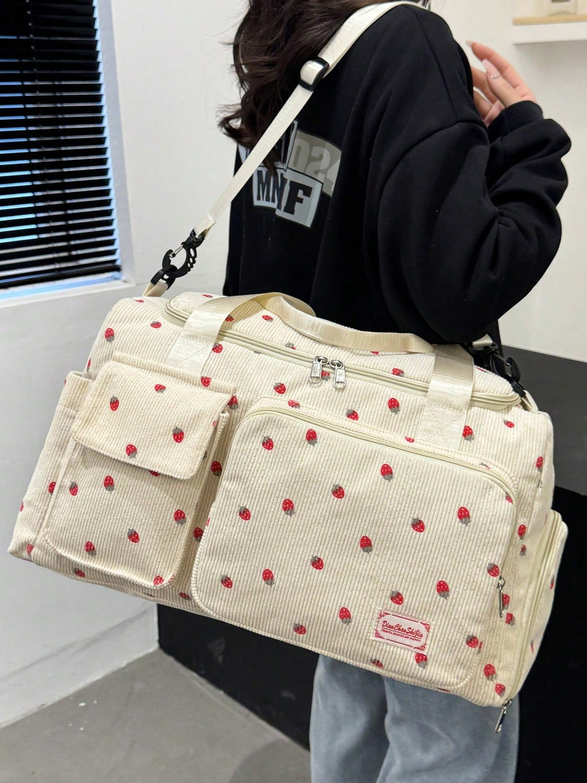 Beige Strawberry Print Corduroy Travel Tote Bag, Gym Duffel Bag With Shoe Pocket, Travel Essentials For Women Cruise Vacation Luggage Travel Bags