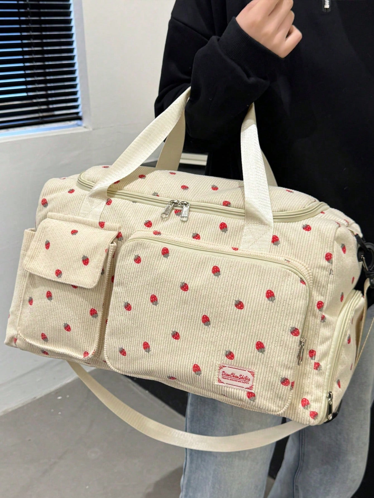 Beige Strawberry Print Corduroy Travel Tote Bag, Gym Duffel Bag With Shoe Pocket, Travel Essentials For Women Cruise Vacation Luggage Travel Bags