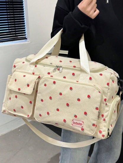 Beige Strawberry Print Corduroy Travel Tote Bag, Gym Duffel Bag With Shoe Pocket, Travel Essentials For Women Cruise Vacation Luggage Travel Bags