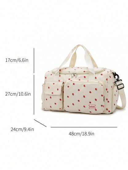 Beige Strawberry Print Corduroy Travel Tote Bag, Gym Duffel Bag With Shoe Pocket, Travel Essentials For Women Cruise Vacation Luggage Travel Bags