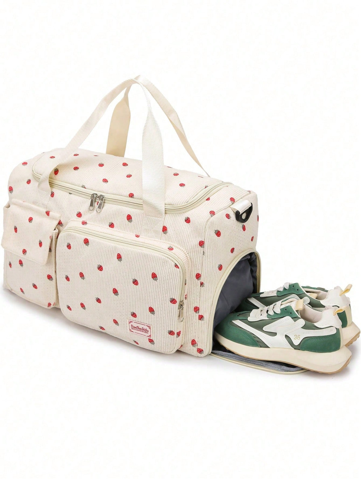 Beige Strawberry Print Corduroy Travel Tote Bag, Gym Duffel Bag With Shoe Pocket, Travel Essentials For Women Cruise Vacation Luggage Travel Bags