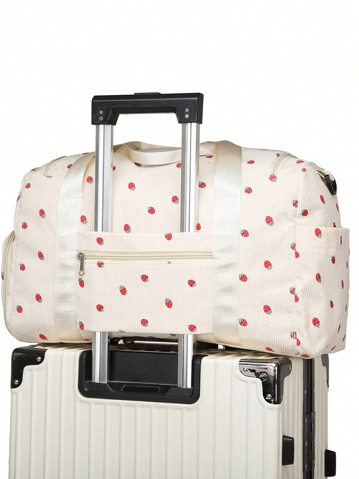Beige Strawberry Print Corduroy Travel Tote Bag, Gym Duffel Bag With Shoe Pocket, Travel Essentials For Women Cruise Vacation Luggage Travel Bags