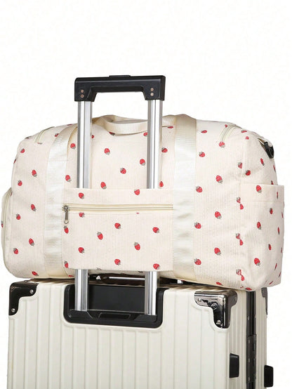 Beige Strawberry Print Corduroy Travel Tote Bag, Gym Duffel Bag With Shoe Pocket, Travel Essentials For Women Cruise Vacation Luggage Travel Bags