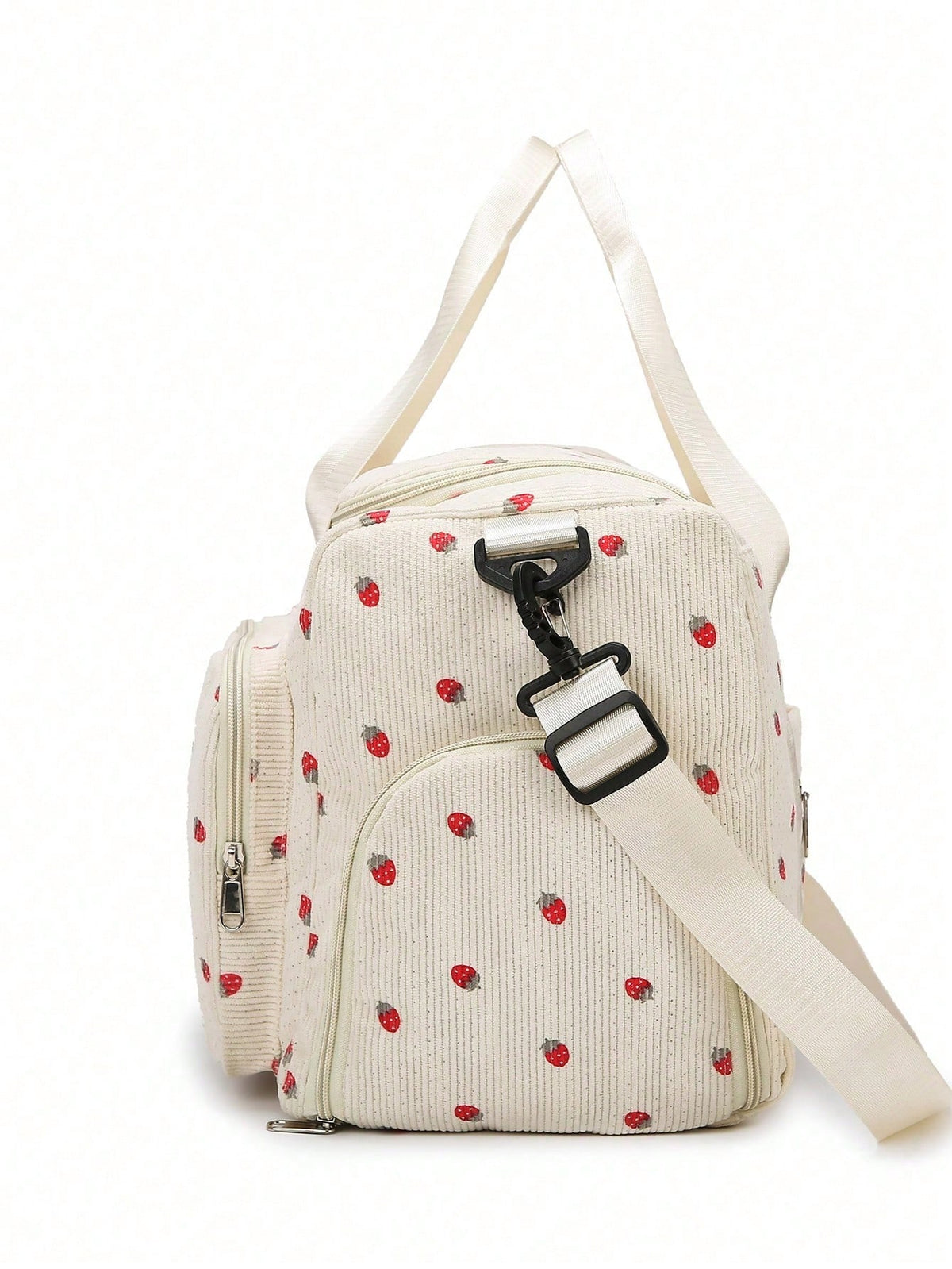 Beige Strawberry Print Corduroy Travel Tote Bag, Gym Duffel Bag With Shoe Pocket, Travel Essentials For Women Cruise Vacation Luggage Travel Bags