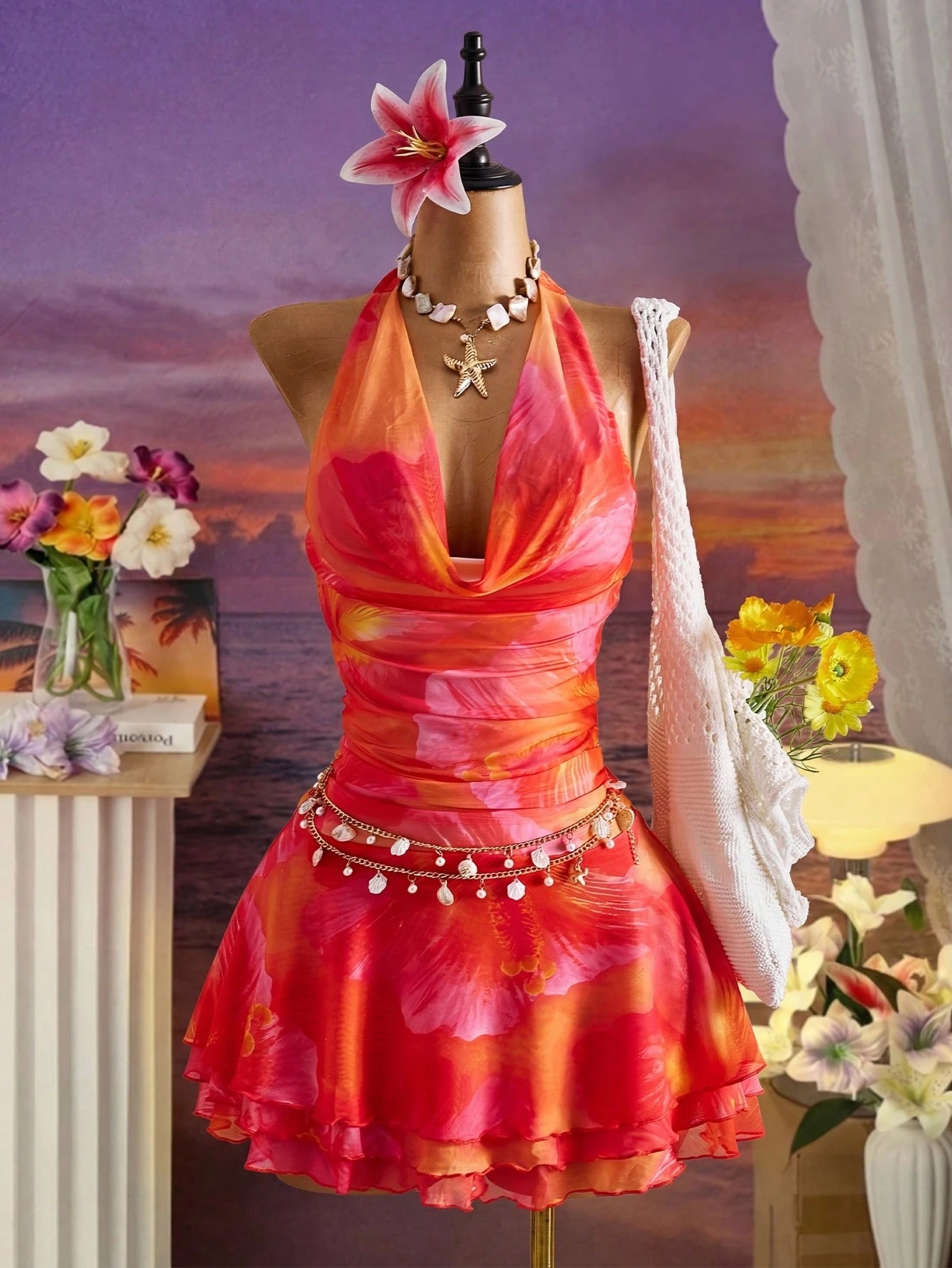 Bellisia New Spring/Summer Women's Fashion Sexy Printed Dress- Plunging Neckline Design- Waist Cinching Ruched Design- Ruffle Hem Design- Vacation- Beach