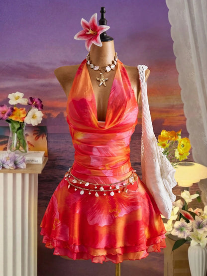 Bellisia New Spring/Summer Women's Fashion Sexy Printed Dress- Plunging Neckline Design- Waist Cinching Ruched Design- Ruffle Hem Design- Vacation- Beach