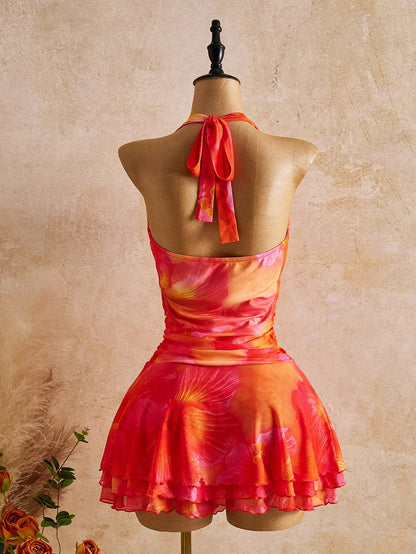 Bellisia New Spring/Summer Women's Fashion Sexy Printed Dress- Plunging Neckline Design- Waist Cinching Ruched Design- Ruffle Hem Design- Vacation- Beach