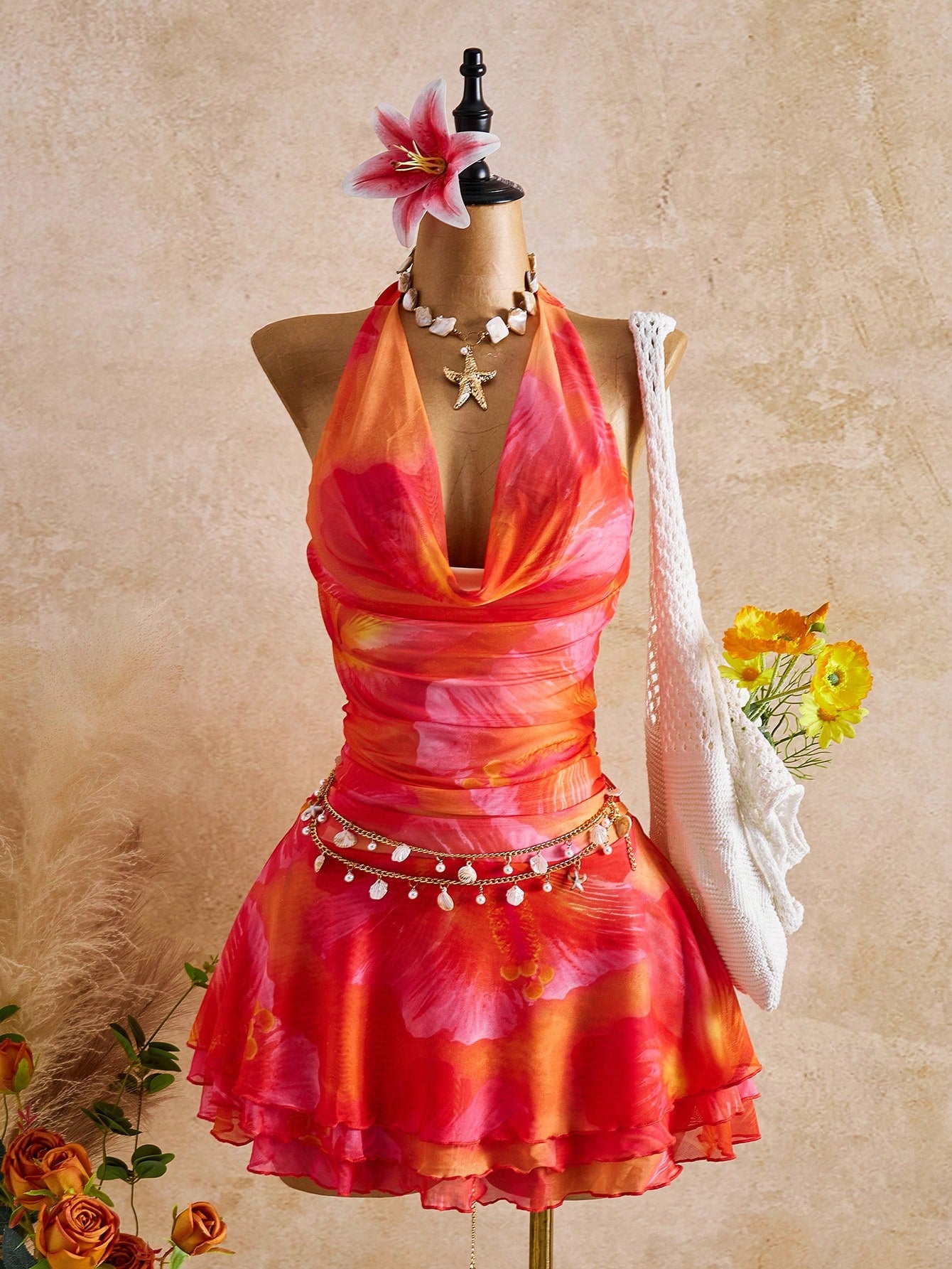 Bellisia New Spring/Summer Women's Fashion Sexy Printed Dress- Plunging Neckline Design- Waist Cinching Ruched Design- Ruffle Hem Design- Vacation- Beach