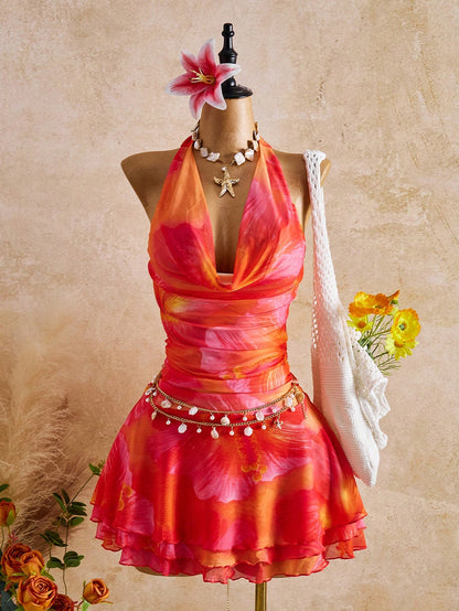 Bellisia New Spring/Summer Women's Fashion Sexy Printed Dress- Plunging Neckline Design- Waist Cinching Ruched Design- Ruffle Hem Design- Vacation- Beach