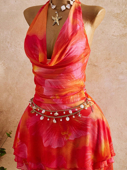 Bellisia New Spring/Summer Women's Fashion Sexy Printed Dress- Plunging Neckline Design- Waist Cinching Ruched Design- Ruffle Hem Design- Vacation- Beach