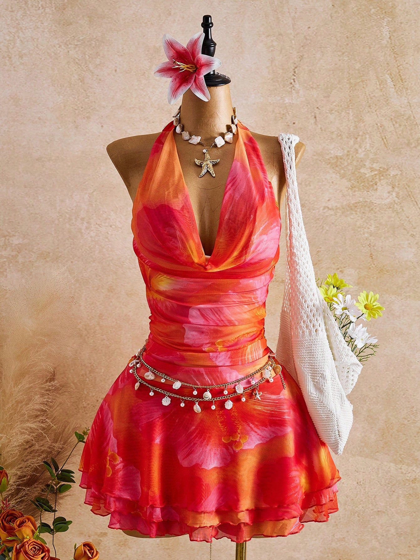 Bellisia New Spring/Summer Women's Fashion Sexy Printed Dress- Plunging Neckline Design- Waist Cinching Ruched Design- Ruffle Hem Design- Vacation- Beach