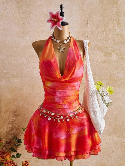 Bellisia New Spring/Summer Women's Fashion Sexy Printed Dress- Plunging Neckline Design- Waist Cinching Ruched Design- Ruffle Hem Design- Vacation- Beach