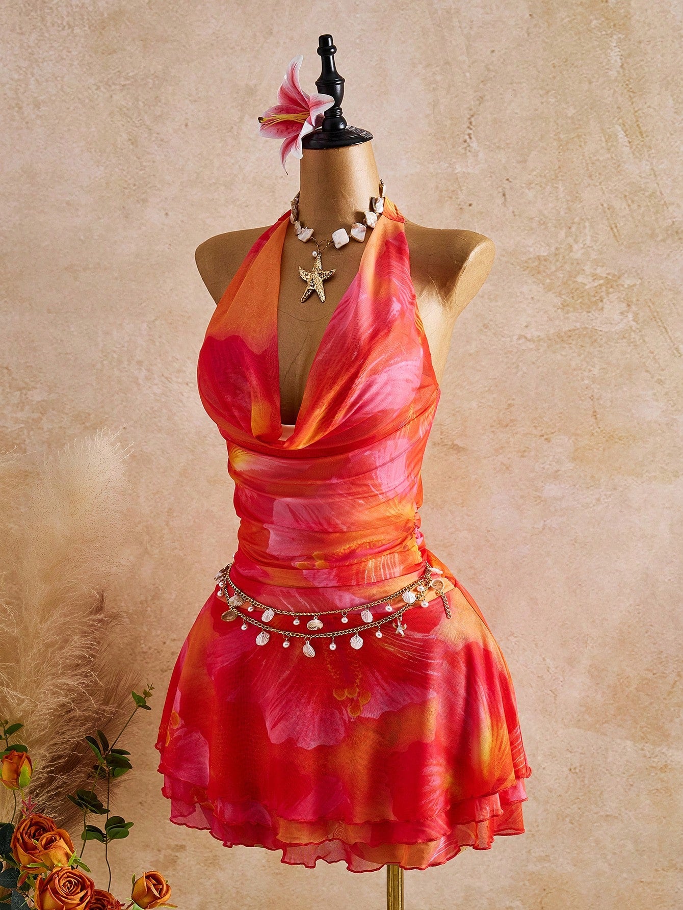 Bellisia New Spring/Summer Women's Fashion Sexy Printed Dress- Plunging Neckline Design- Waist Cinching Ruched Design- Ruffle Hem Design- Vacation- Beach