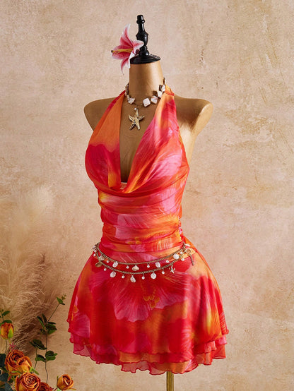 Bellisia New Spring/Summer Women's Fashion Sexy Printed Dress- Plunging Neckline Design- Waist Cinching Ruched Design- Ruffle Hem Design- Vacation- Beach