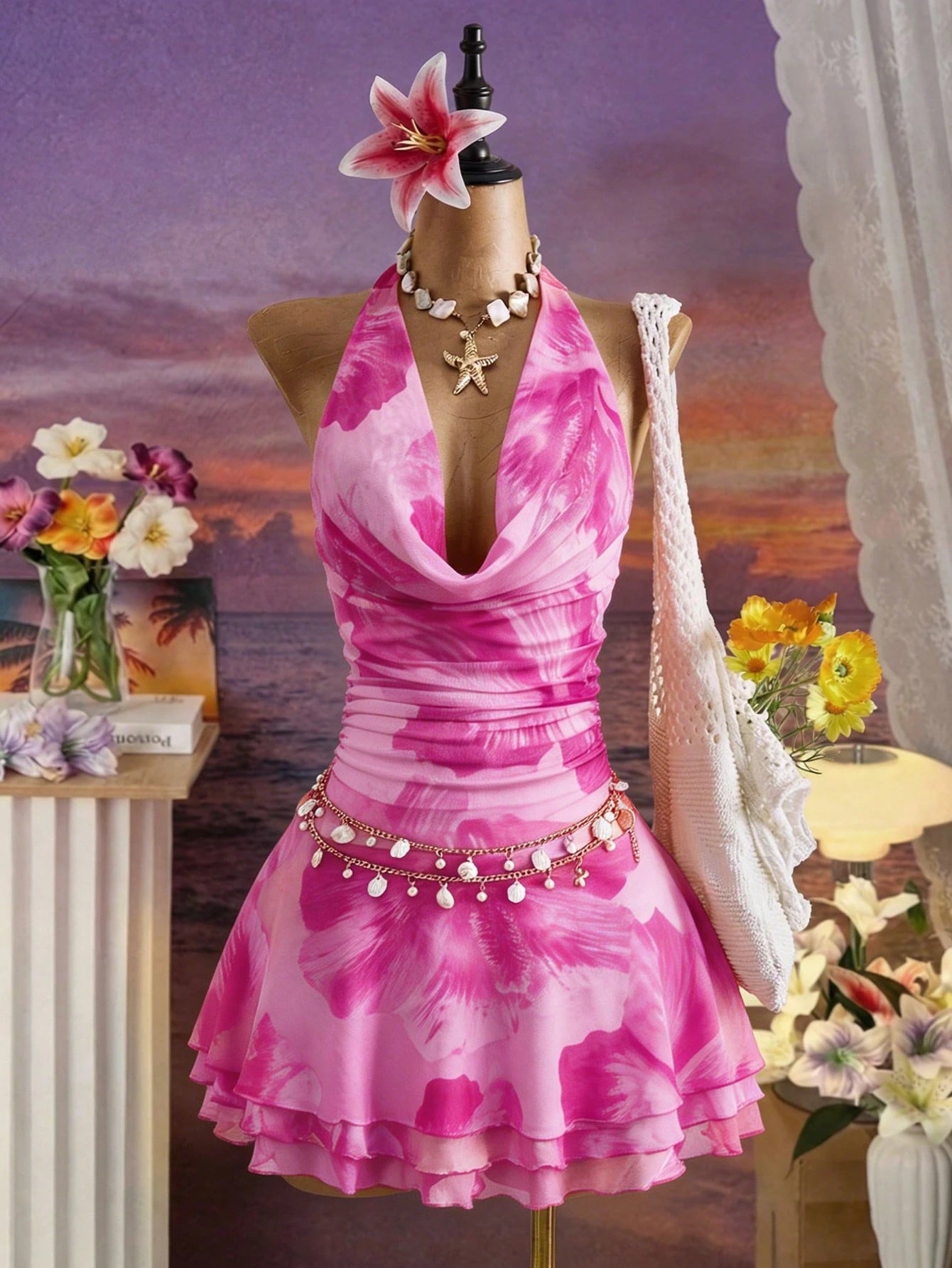 Bellisia New Spring/Summer Women's Fashion Sexy Printed Dress- Plunging Neckline Design- Waist Cinching Ruched Design- Ruffle Hem Design- Vacation- Beach