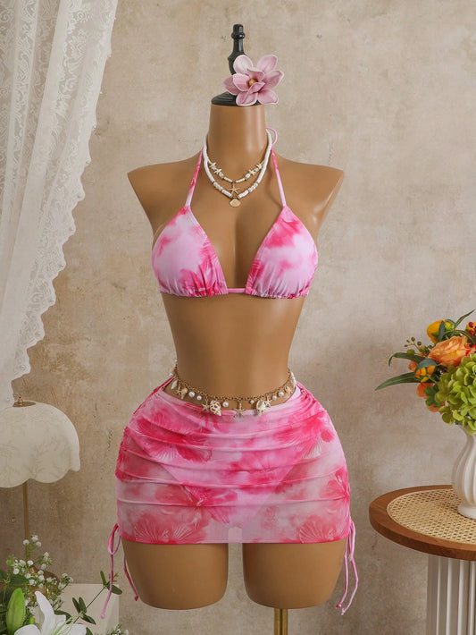 Bellisia Women's 3-Piece Swimwear Set, Floral Romantic Beach Holiday Bikini, Halter Neck Tankini Top And Mesh Sarong Skirt, Suitable For Pool Party