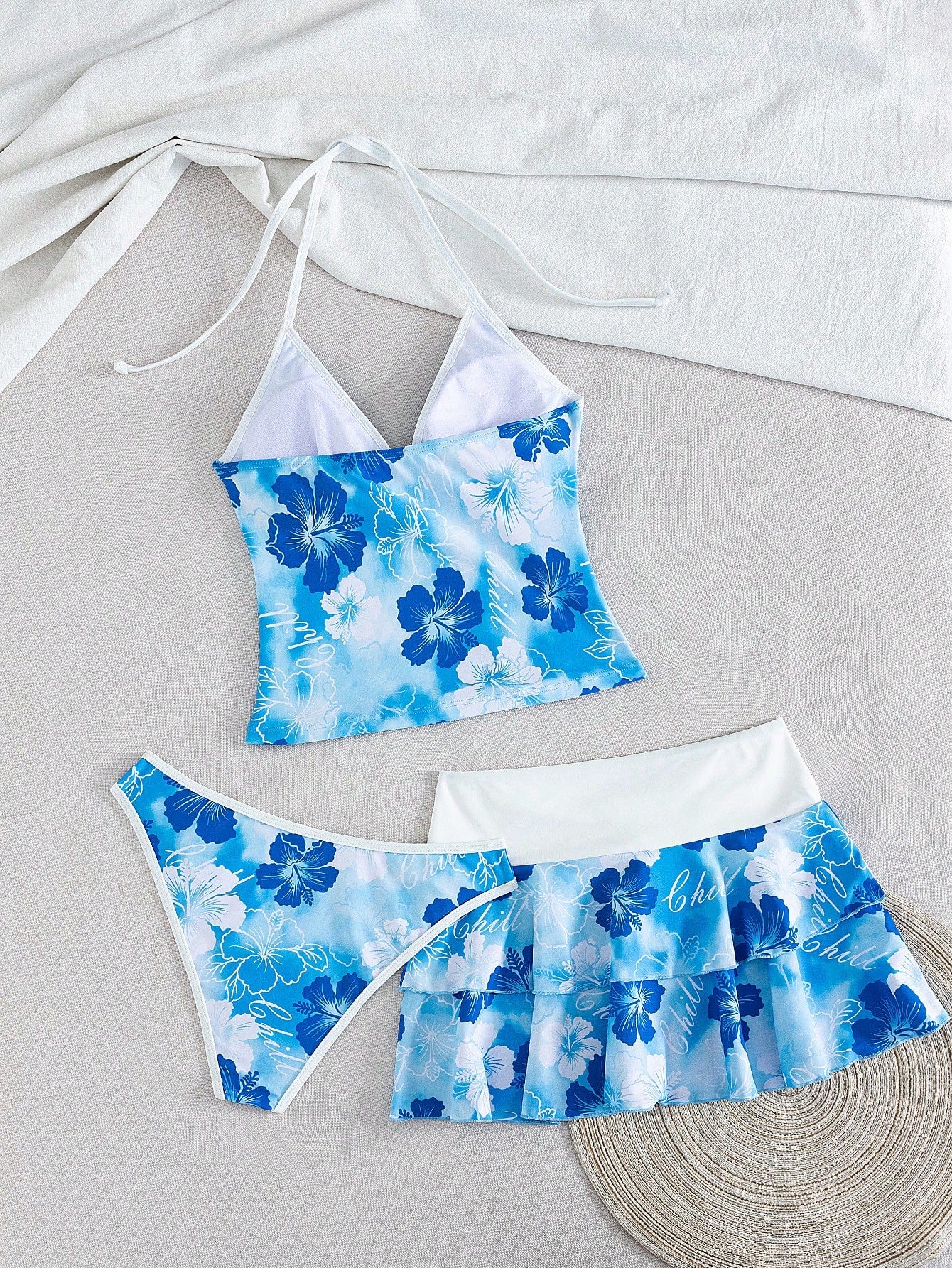 Bellisia Women's Spring/Summer Beach Music Festival Floral Print Colorblock Wrap Tie-Up Ruffle Hem Skirt Tunic 3-Piece Set