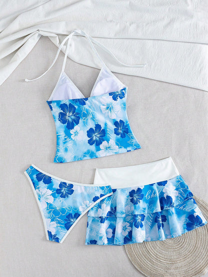 Bellisia Women's Spring/Summer Beach Music Festival Floral Print Colorblock Wrap Tie-Up Ruffle Hem Skirt Tunic 3-Piece Set