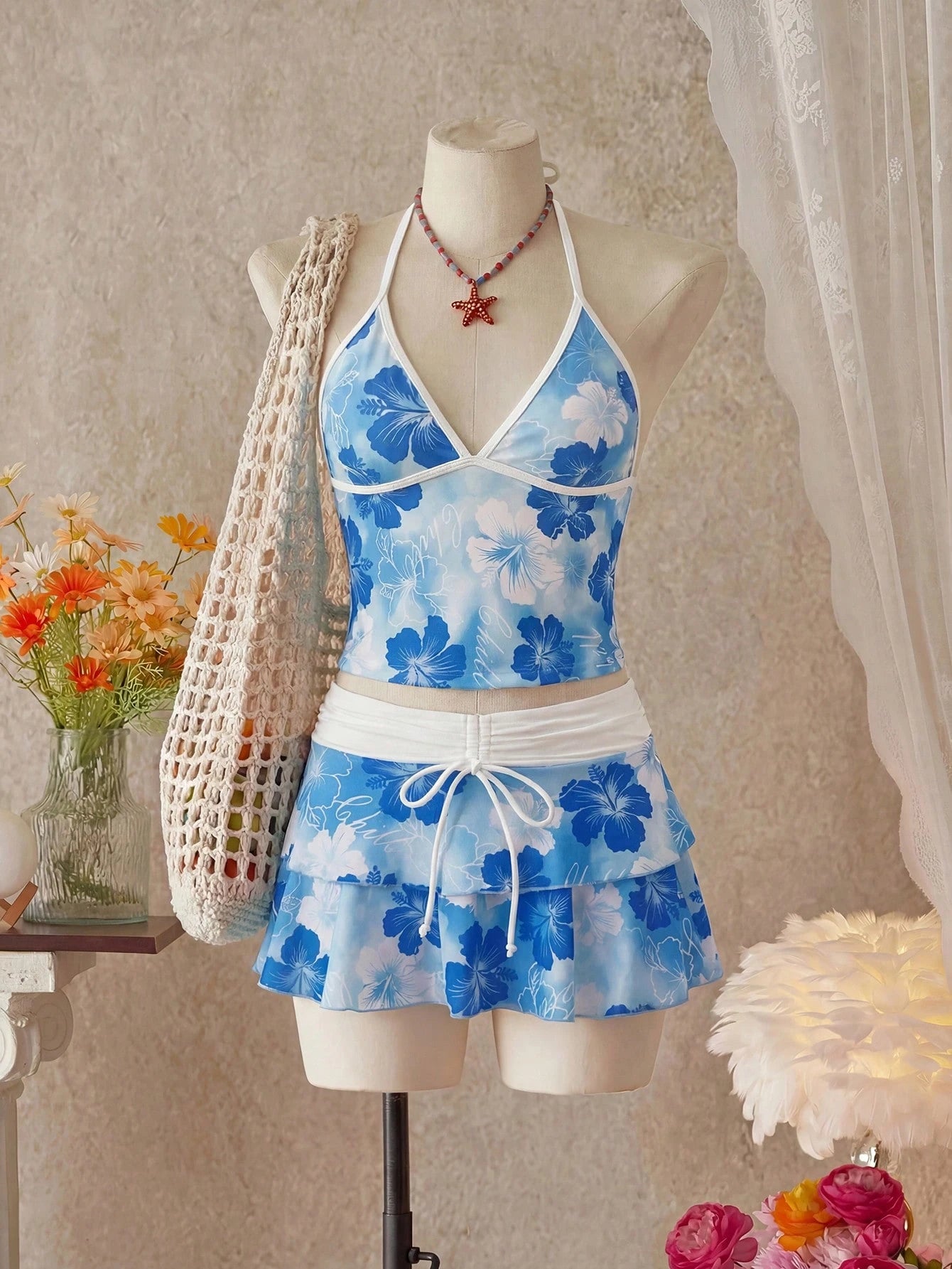 Bellisia Women's Spring/Summer Beach Music Festival Floral Print Colorblock Wrap Tie-Up Ruffle Hem Skirt Tunic 3-Piece Set