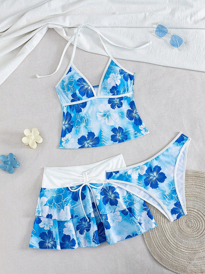 Bellisia Women's Spring/Summer Beach Music Festival Floral Print Colorblock Wrap Tie-Up Ruffle Hem Skirt Tunic 3-Piece Set