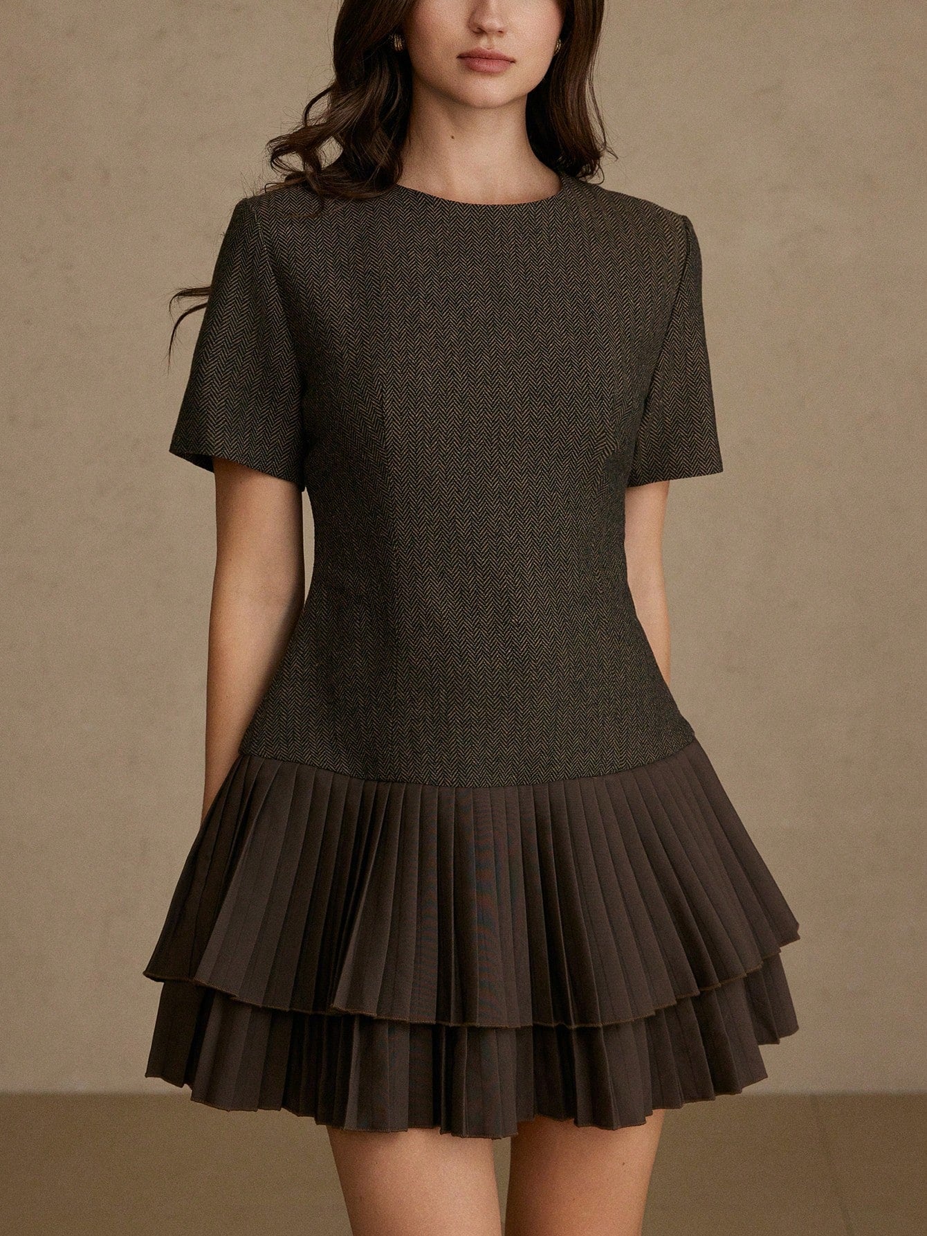BELROSIE Elegant, Versatile, Minimalist, High-Quality Herringbone Fabric Round Neck Cinched Waist Double-Layer Pleated Hem Mini Dress For Women