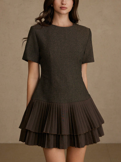 BELROSIE Elegant, Versatile, Minimalist, High-Quality Herringbone Fabric Round Neck Cinched Waist Double-Layer Pleated Hem Mini Dress For Women