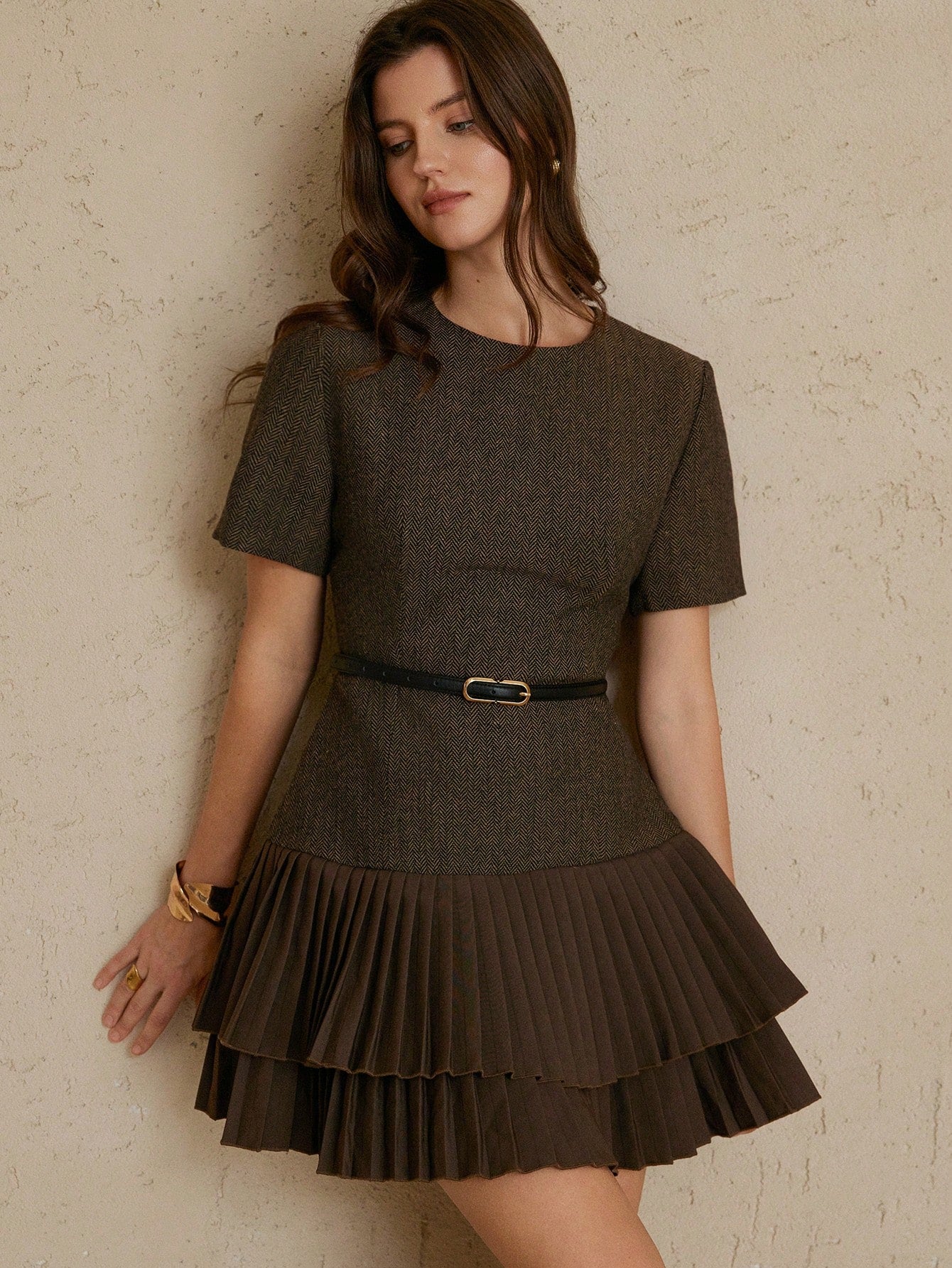 BELROSIE Elegant, Versatile, Minimalist, High-Quality Herringbone Fabric Round Neck Cinched Waist Double-Layer Pleated Hem Mini Dress For Women