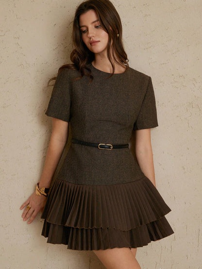 BELROSIE Elegant, Versatile, Minimalist, High-Quality Herringbone Fabric Round Neck Cinched Waist Double-Layer Pleated Hem Mini Dress For Women