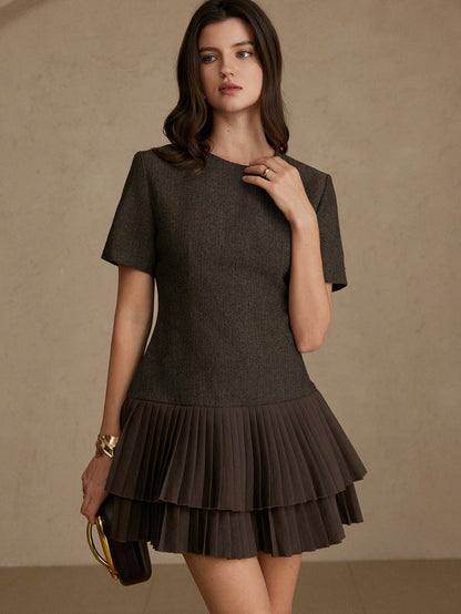 BELROSIE Elegant, Versatile, Minimalist, High-Quality Herringbone Fabric Round Neck Cinched Waist Double-Layer Pleated Hem Mini Dress For Women