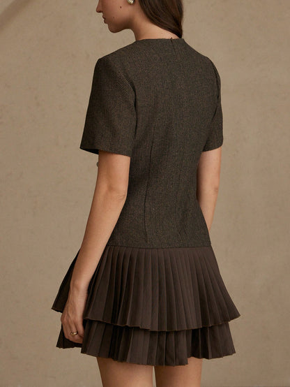 BELROSIE Elegant, Versatile, Minimalist, High-Quality Herringbone Fabric Round Neck Cinched Waist Double-Layer Pleated Hem Mini Dress For Women