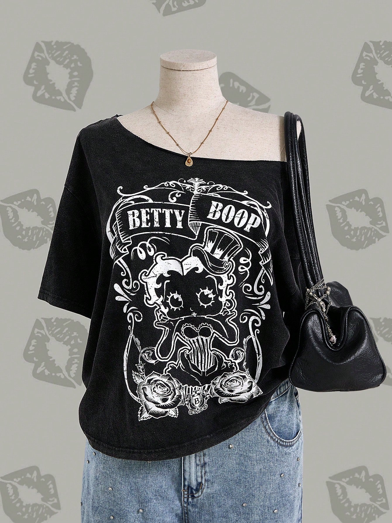 Betty Boop x Plus Skull & Letter Graphic Asymmetrical Neck Tee