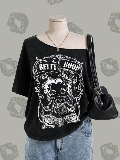 Betty Boop x Plus Skull & Letter Graphic Asymmetrical Neck Tee