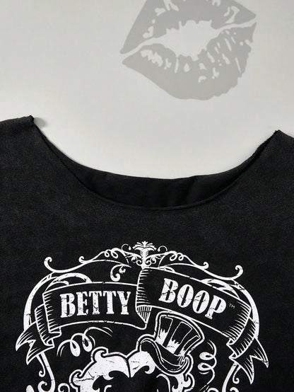 Betty Boop x Plus Skull & Letter Graphic Asymmetrical Neck Tee