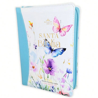 Biblia Con Cierre Compacta Para Mujer Letra Grande 11 Puntos RV1960, Imit Piel Azul Flores Acuarela Con Indice Y Canto Floral