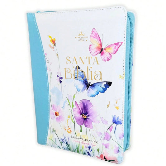 Biblia Con Cierre Compacta Para Mujer Letra Grande 11 Puntos RV1960, Imit Piel Azul Flores Acuarela Con Indice Y Canto Floral