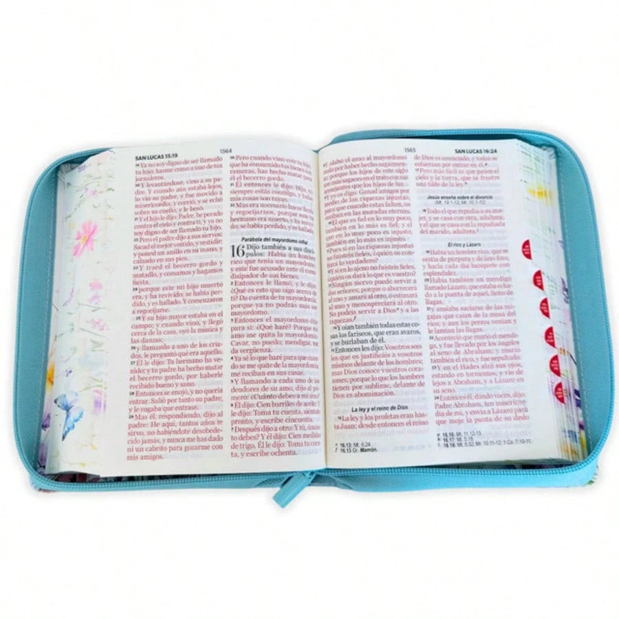 Biblia Con Cierre Compacta Para Mujer Letra Grande 11 Puntos RV1960, Imit Piel Azul Flores Acuarela Con Indice Y Canto Floral