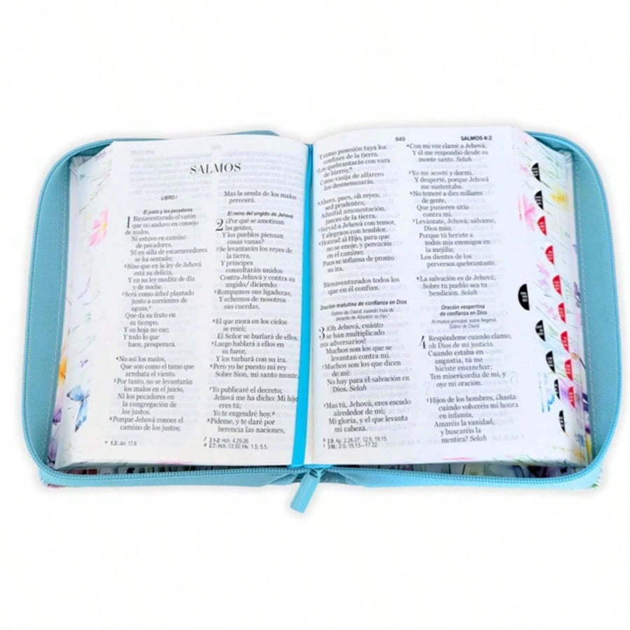 Biblia Con Cierre Compacta Para Mujer Letra Grande 11 Puntos RV1960, Imit Piel Azul Flores Acuarela Con Indice Y Canto Floral