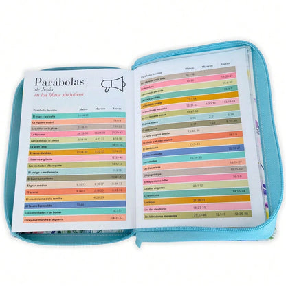 Biblia Con Cierre Compacta Para Mujer Letra Grande 11 Puntos RV1960, Imit Piel Azul Flores Acuarela Con Indice Y Canto Floral
