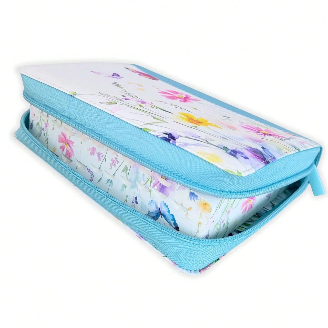 Biblia Con Cierre Compacta Para Mujer Letra Grande 11 Puntos RV1960, Imit Piel Azul Flores Acuarela Con Indice Y Canto Floral