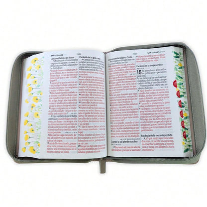 Biblia Con Cierre Para Mujer Portatil Letra Grande 12 Puntos RV1960, Imit Piel Flores Crema Con Indice Y Canto Floral